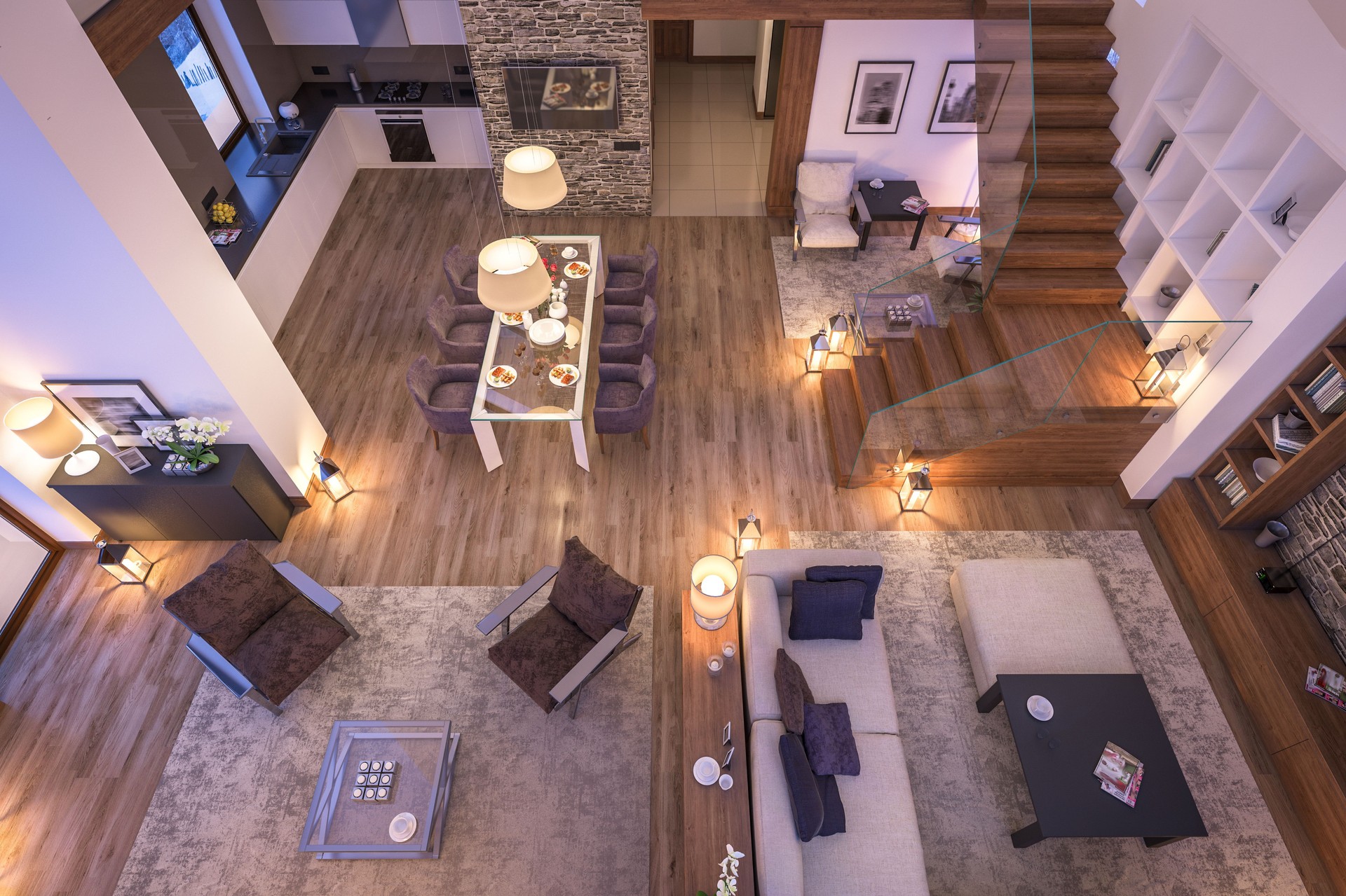 Representación en 3D de la sala de estar de noche del chalet Representación en 3D de la sala de estar de noche del chalet